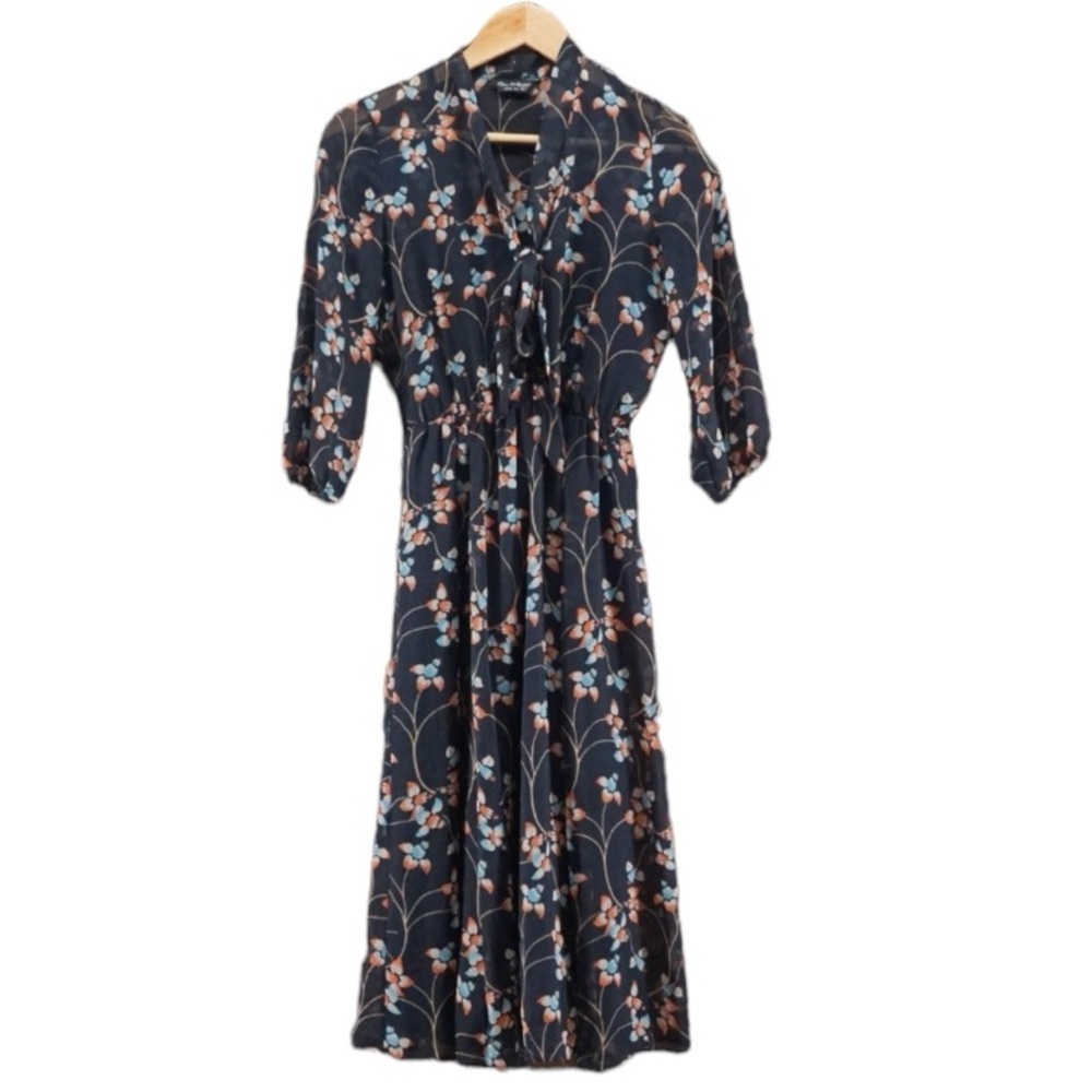 Miss Selfridge neck Bow, Button front, floral, midi dress navy cottage - Picture 3 of 10
